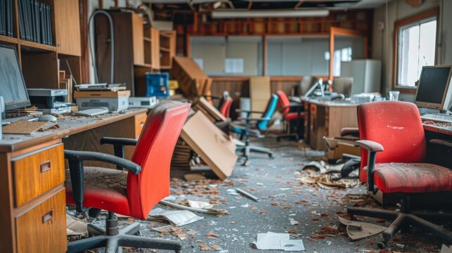 A desolate, abandoned office interior strewn with debris, overturned furniture, and outdated computer equipment, evoking a sense of decay.

