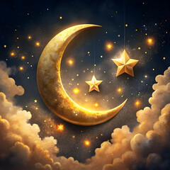 golden crescent moon with stars and clouds on dark