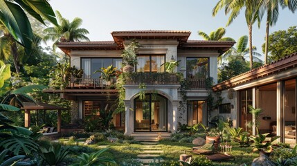 Modern tropical house exterior, surrounded by lush vegetation.