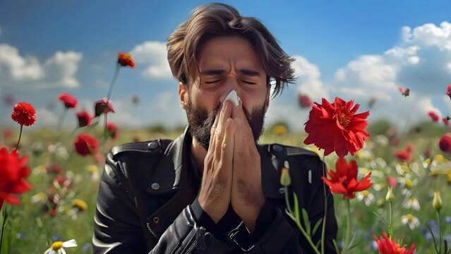 Man blowing nose in field of flowers symbolizing seasonal allergies or nature . Concept Seasonal Allergies, Nature, Field of Flowers, Blowing Nose, Health and Wellness