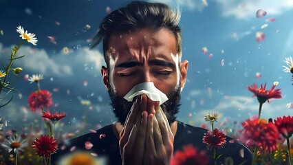 Seasonal Allergies: Man Blowing Nose in Field of Flowers. Concept Allergy Symptoms, Seasonal Pollen, Sneezing, Hay Fever, Outdoor Environment