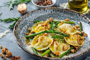 Goat's cheese ravioli with green asparagus, walnuts, chilli flakes and olive oil