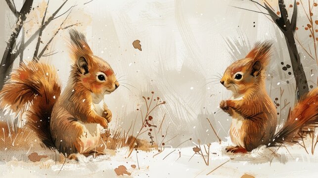 a creative illustration of squirrels in a forest, watercolor painting, soft pastel colors, cute and playful style
