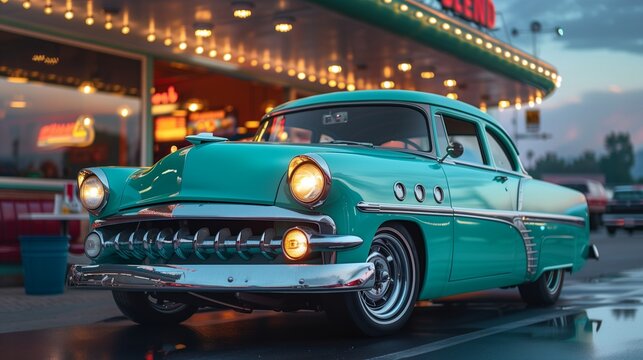 Turquoise classic car at a nostalgic diner, retro weekend scene,