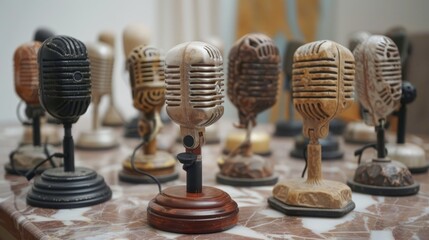 Several retro microphones made of wood and marble. - obrazy, fototapety, plakaty