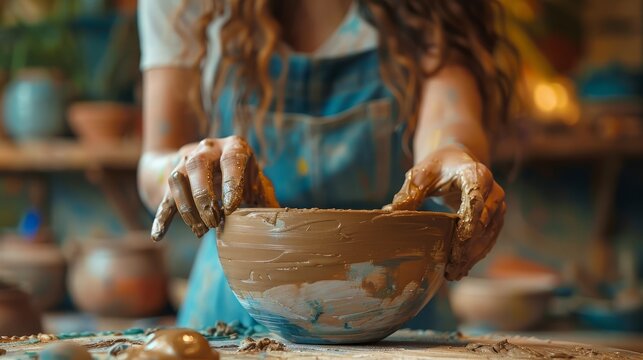 The hands of a potter shape a bowl out of clay.