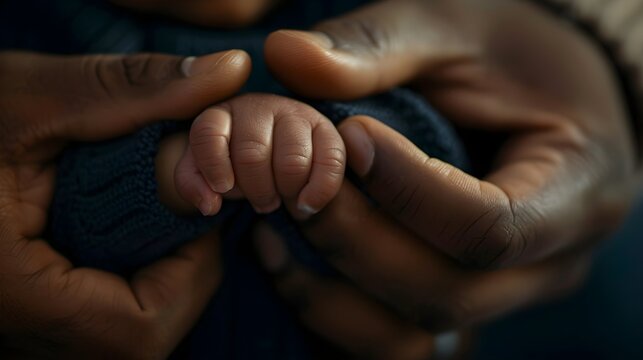 Close up of newborn baby holding onto father's finger 