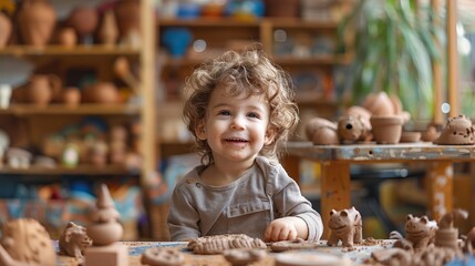 The image shows a small boy sitting at a table in a pottery studio. He is smiling and looking at the camera. There are many clay figures on the table.