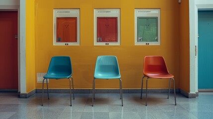 Fototapeta premium Three chairs in primary colors sit in front of a yellow wall.