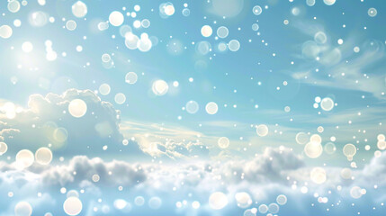 A serene sky blue and pearl abstract backdrop, with bokeh lights resembling soft clouds drifting lazily on a sunny day. The scene is calm and uplifting.