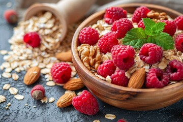 Muesli with oats, raspberries and nuts