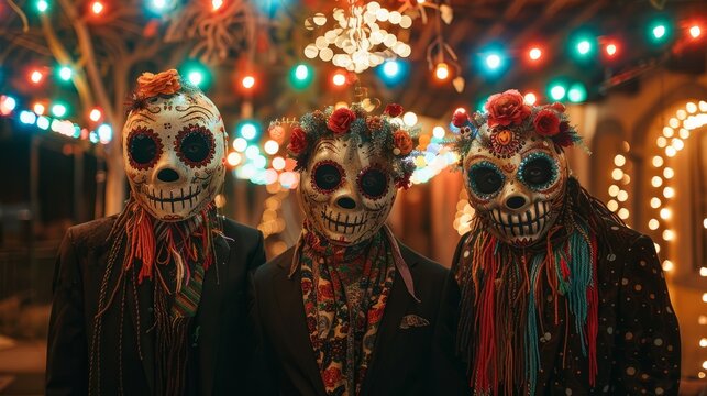 Three people wearing traditional Mexican calavera masks with bright floral decorations.