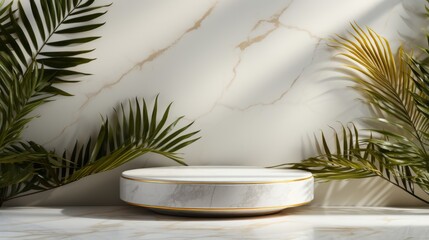 Product presentation background with marble podium and  palm leaves