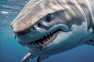 Fototapeta premium Great white shark in its natural habitat in blue ocean depths