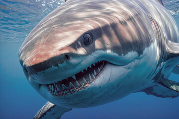 A great white shark with its mouth open, revealing rows of sharp teeth, swims in the clear blue...