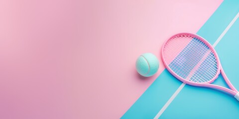 Tennis ball and racket in 3d style on pastel colors with space for text