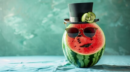 Suave Watermelon with Sunglasses and Top Hat, Space for Text Provided