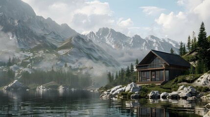 Fototapeta premium Cabin overlooking mountains and a lake