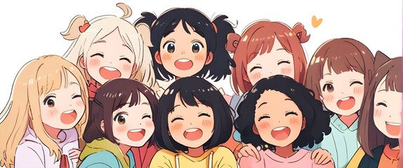 Illustration of a group of diverse cute and happy young girls. Generative AI