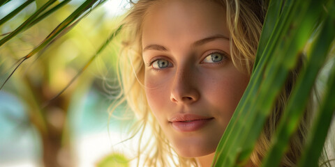 Fototapeta premium Pretty girl face and palm leaf poster. Tropical summer concept background. Raster bitmap digital photo illustration. AI artwork. 