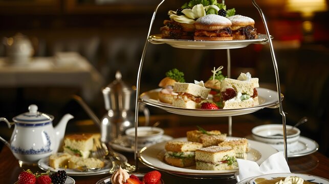 British Afternoon High Tea with a three-tiered platter of scones, cakes and sandwiches