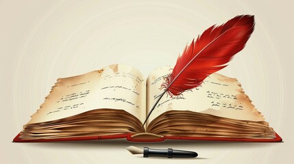 Vector illustration showcasing an open book accompanied by an ink feather tool.