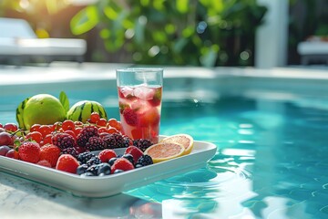 A plate of fruit and a glass of juice by the pool