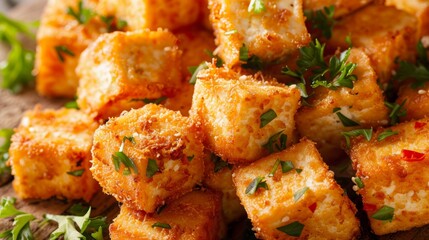 Detailed photo showcasing crispy tofu cubes, seasoned and fried to perfection, captured in a close-up view against an isolated backdrop
