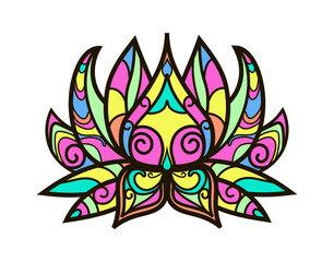 Mandala- lotus in the style of a single line in black, painted in bright colors. Vintage decorative elements. Oriental pattern. Islamic, Arabic, Indian, Moroccan, Chinese, mystical, mythical motifs.