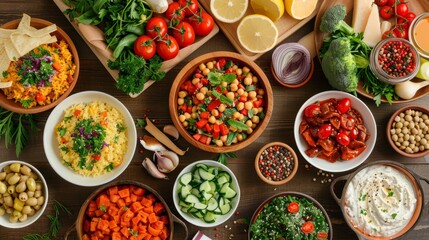 Detailed top view of an array of simple vegan dishes, captured in high resolution, perfect for culinary menu illustrations, against an isolated backdrop