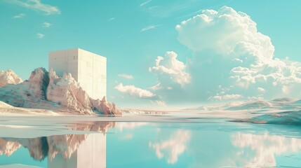 Dreamy 80s inspired vaporwave image showcasing a stark white desert landscape with a minimalist building, a reflective lake, and clouds above