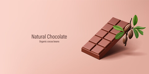 3D bar of chocolate and a branch with cocoa beans. Realistic image of sweets for design concepts. Natural products, cocoa, and organics. Vector