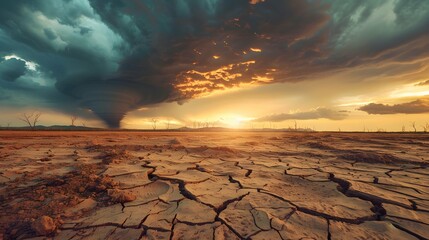Big tornado storm above the desolate land. Dry cracked ground field and weather disasters caused by the global climate change. Environmental problem concept 