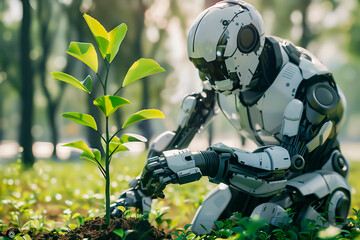Robot humanoid planting tree seedling in ground in forest. Anti deforestation concept in future. Technology and nature concept. Technology for eco