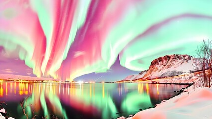 A stunning panorama capturing the vastness of the Northern Lights dance . Concept Northern Lights Photography, Panoramic Landscapes, Astral Displays