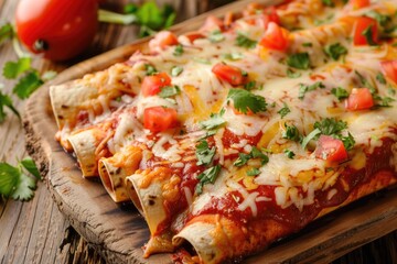 Delicious enchiladas presented on a rustic wooden surface, garnished with fresh cilantro and tomatoes
