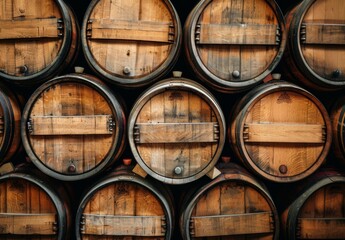 Obraz premium At the German winery, stacked wine casks and old vintage whisky casks evoke nostalgia