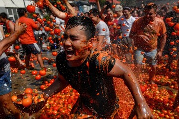 La Tomatina festival in Bunyol, Spain with participants engaging in a vibrant tomato fight