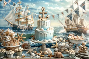 Sailor's Day celebration with nautical decorations and a ship-shaped cake against a harbor backdrop