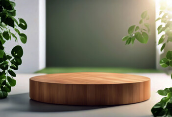 'background made white light wood Round Wooden product splay stage green podium natural natural showcase leaves decorated poduim display leaf bio ecological eco promote empty'