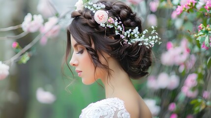 Naklejka premium attractive girl bride brunette with a cute bridal wedding hairstyle with fresh delicate flowers in hair