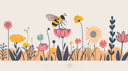 Stylized graphic of a bee pollinating a colorful flower garden, ideal for environmental or educational themes.