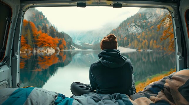 back of a lonely male traveler tourist sitting inside a camper van in nature by a lake in mountain in autumn