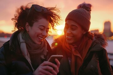 Two women are smiling and looking at a cell phone. The sun is setting in the background. Scene is happy and relaxed - Powered by Adobe
