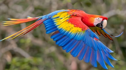   A vibrant parrot flies, wings expanded, head turned aside
