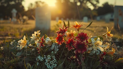 quiet dignity of a soldier's final resting place, where the crisp stars and stripes contrast against the soft colors of a bouquet of flowers. 