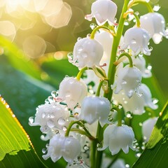 Makroaufnahme ganz groß ganz nah, Maiglöckchen blüte ganz nah in der frühlingssonne auf grün.