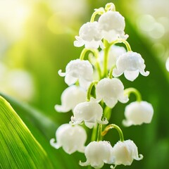 Makroaufnahme ganz groß ganz nah, Maiglöckchen blüte ganz nah in der frühlingssonne auf grün.