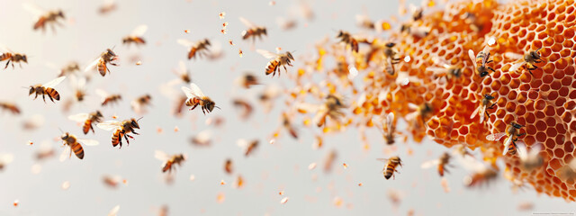  Dynamic scene of bees swarming around a large honeycomb, captured in mid-action, illustrating the vibrancy of a busy hive.