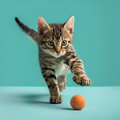 Little tabby cat, chasing a small ball, light turquoise background